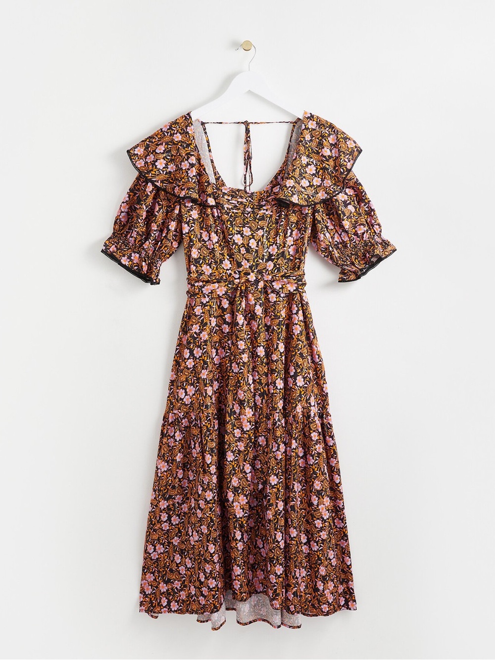 OLIVER BONAS Floral Puff-Sleeve Midi Dress w/ Metallic Threads